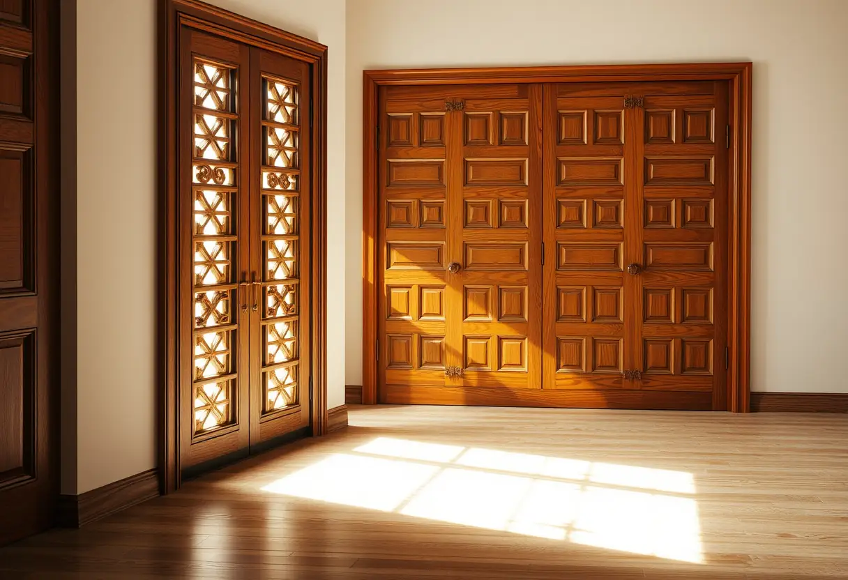Une porte en bois ornée de motifs géométriques se trouve dans une pièce éclairée par une douce lumière interne