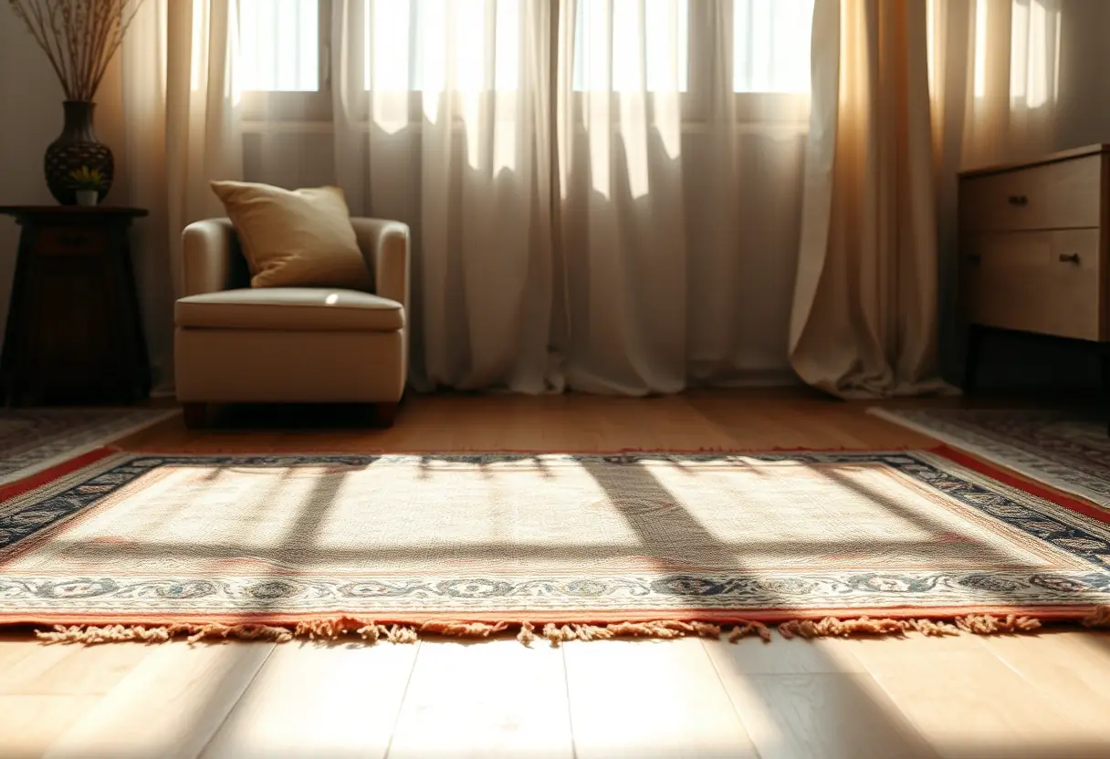 Tapis de prière en bois posé sur le sol d'un salon, lumière naturelle tamisée