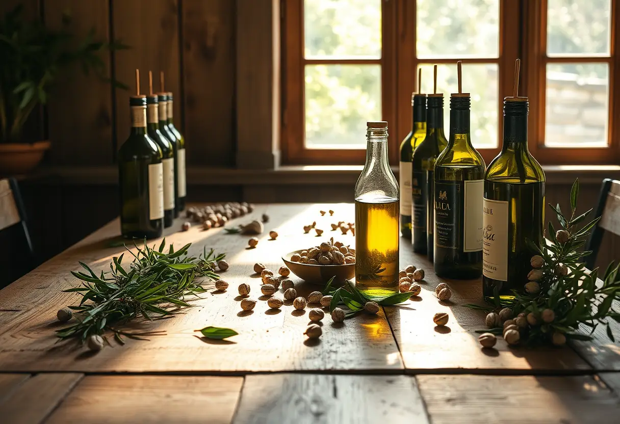 Un grand tableau en bois chargé de bouteilles d'huile d'olive et de baies de laurier, lumière naturelle