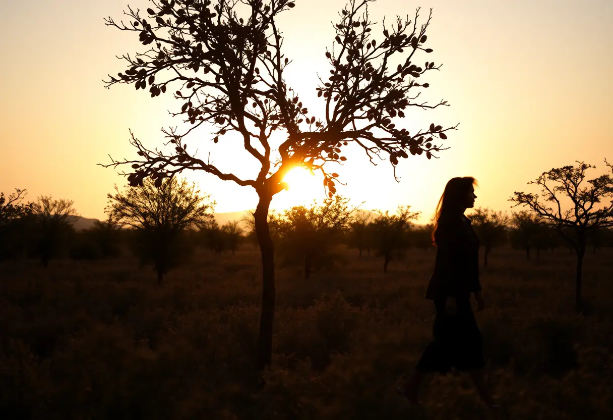 Un silhouetté passe près d'un arbre d'argan dans un champ, les branches chargées de noix mûres, le soleil se couche derrière les arbres.