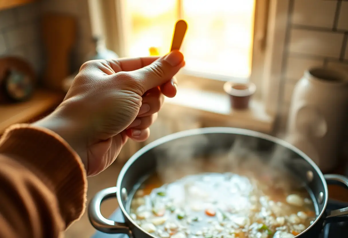 Une main tenant une cuillère de bois au-dessus d'une marmite de soupe chaude, symbolisant la générosité et l'attention dans une famille musulmane