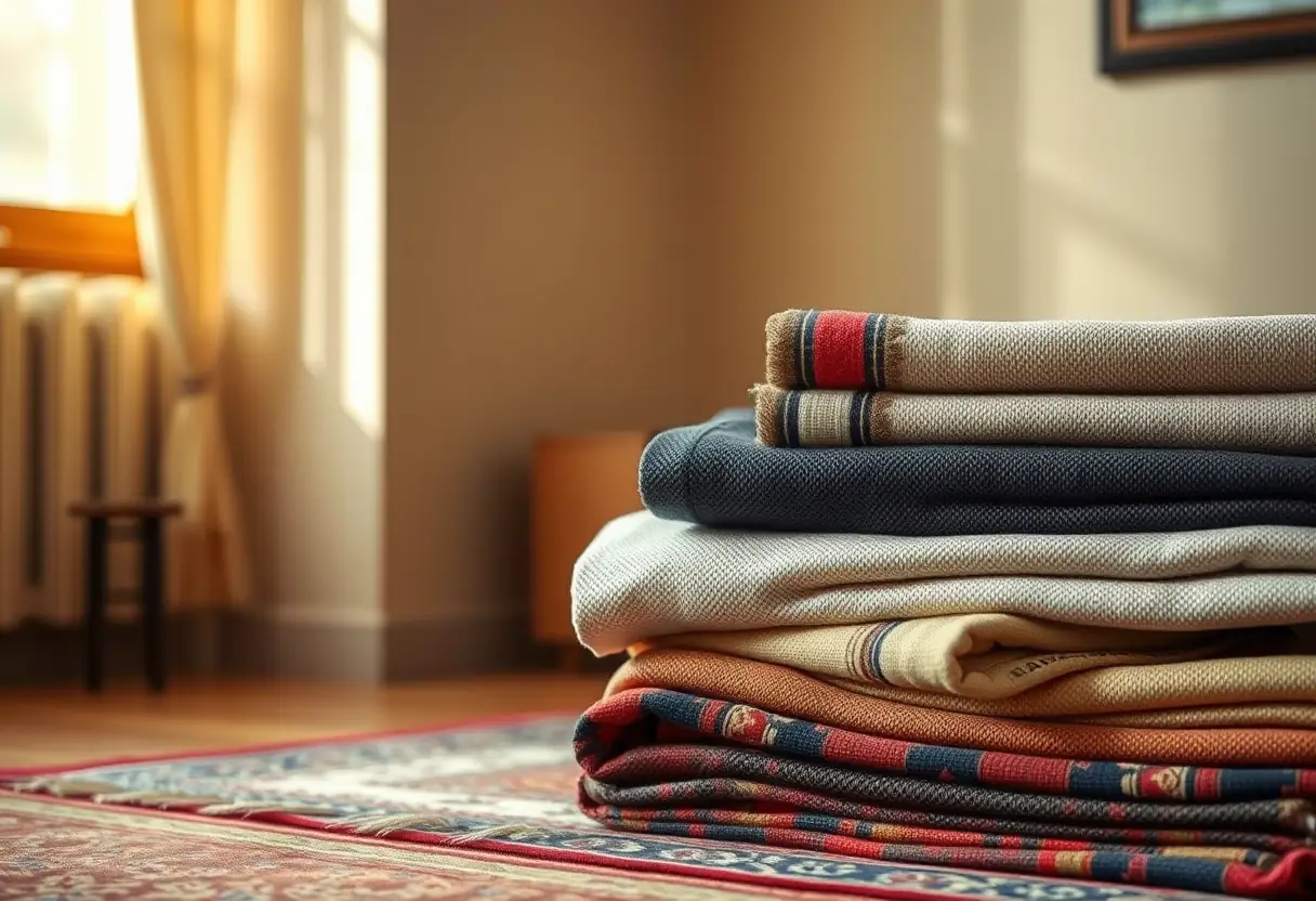 Un tas de tapis de prière pliés dans un coin de la pièce