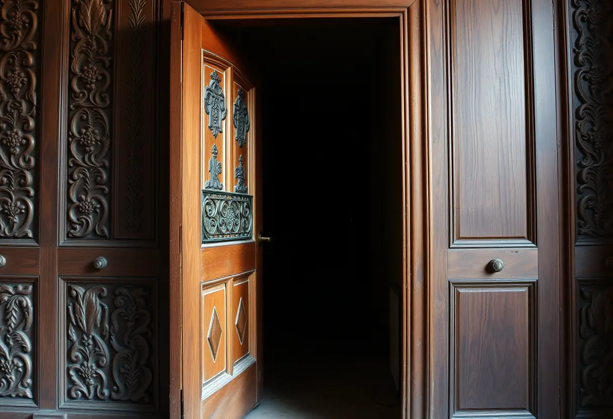 Une porte en bois sculptée s'ouvre légèrement, révélant un couloir sombre