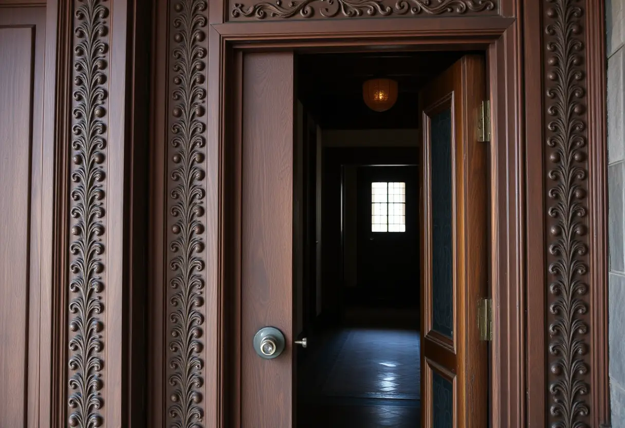 Une porte en bois sculptée ouverte sur un couloir sombre