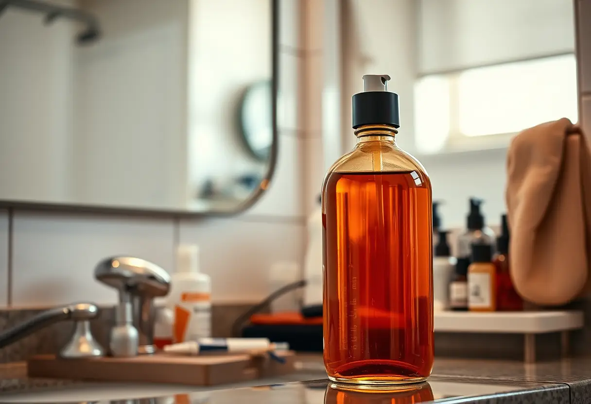 Une bouteille en verre contenant de l'huile d'argan se trouve sur un meuble de toilette.