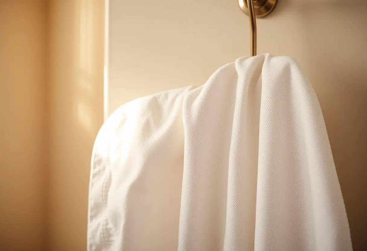 Un torchon blanc accroché sur un crochet dans une salle de bains modeste