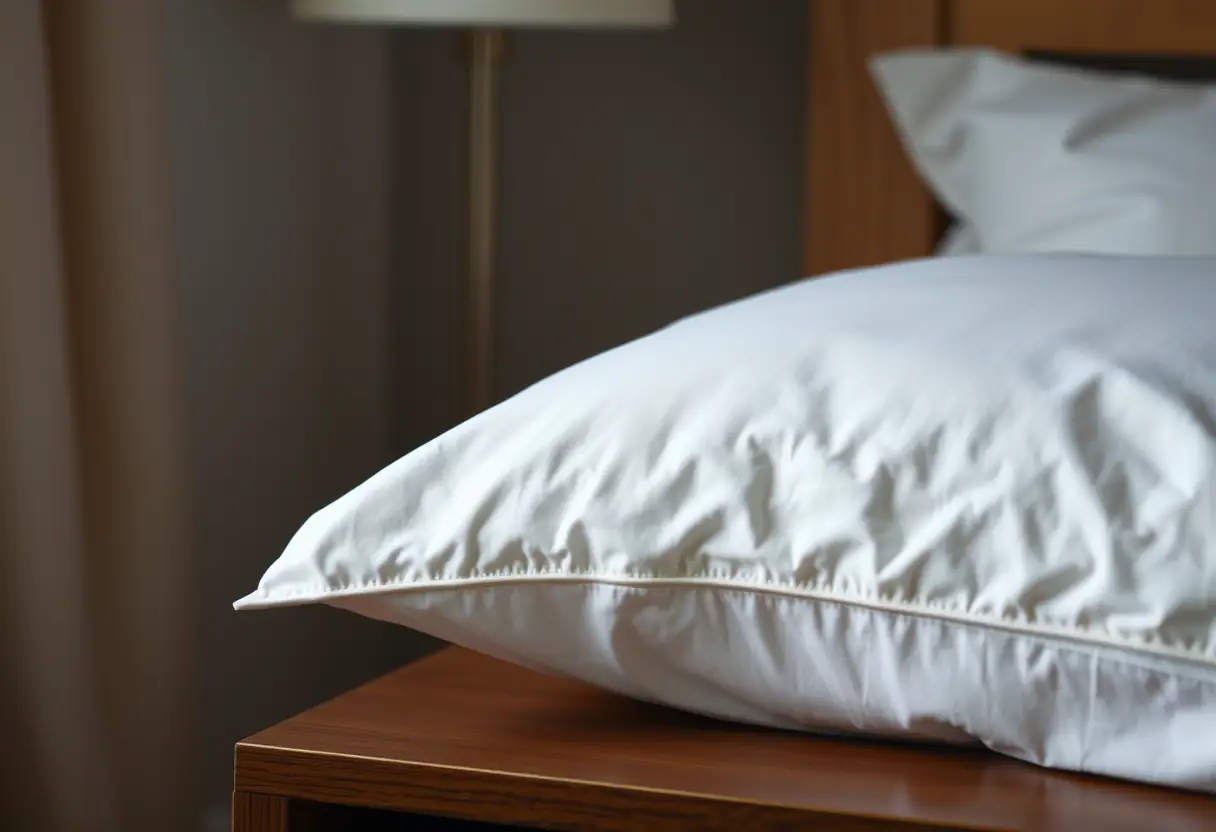 Un couvre-lit blanc posé sur une commode dans une chambre éclairée naturellement