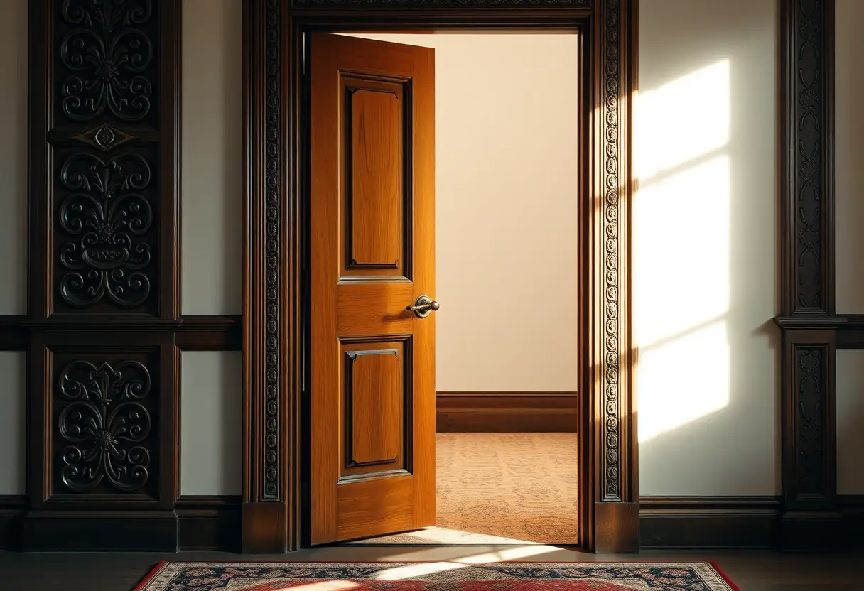 Une porte en bois ornée de motifs complexes, partiellement ouverte, révélant un sol moquetté à l'intérieur, éclairée par la lumière du matin