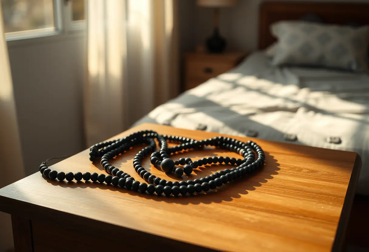 Des chapelets étalés sur une petite table en bois dans une chambre, éclairés par la douce lumière du soir