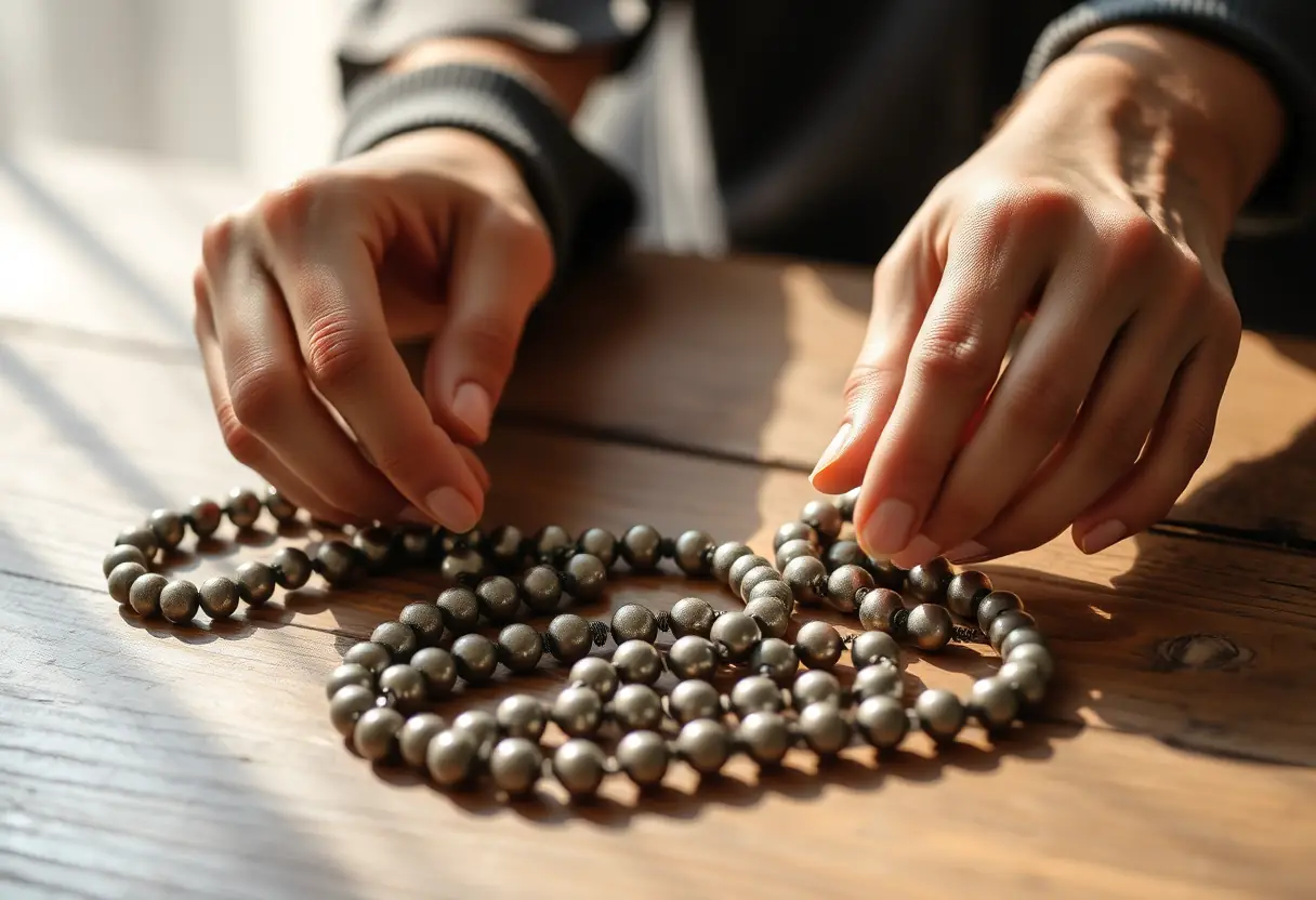 Des mains disposant des perles de prière métalliques sur une table en bois sous la lumière du soir, les perles reflétant des reflets discrets