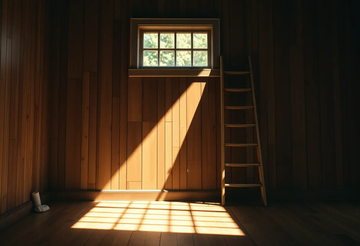 Un échafaudage en bois contre un mur en bois, sous la lumière du soleil qui projette des ombres, symbolisant la montée vers la rédemption spirituelle