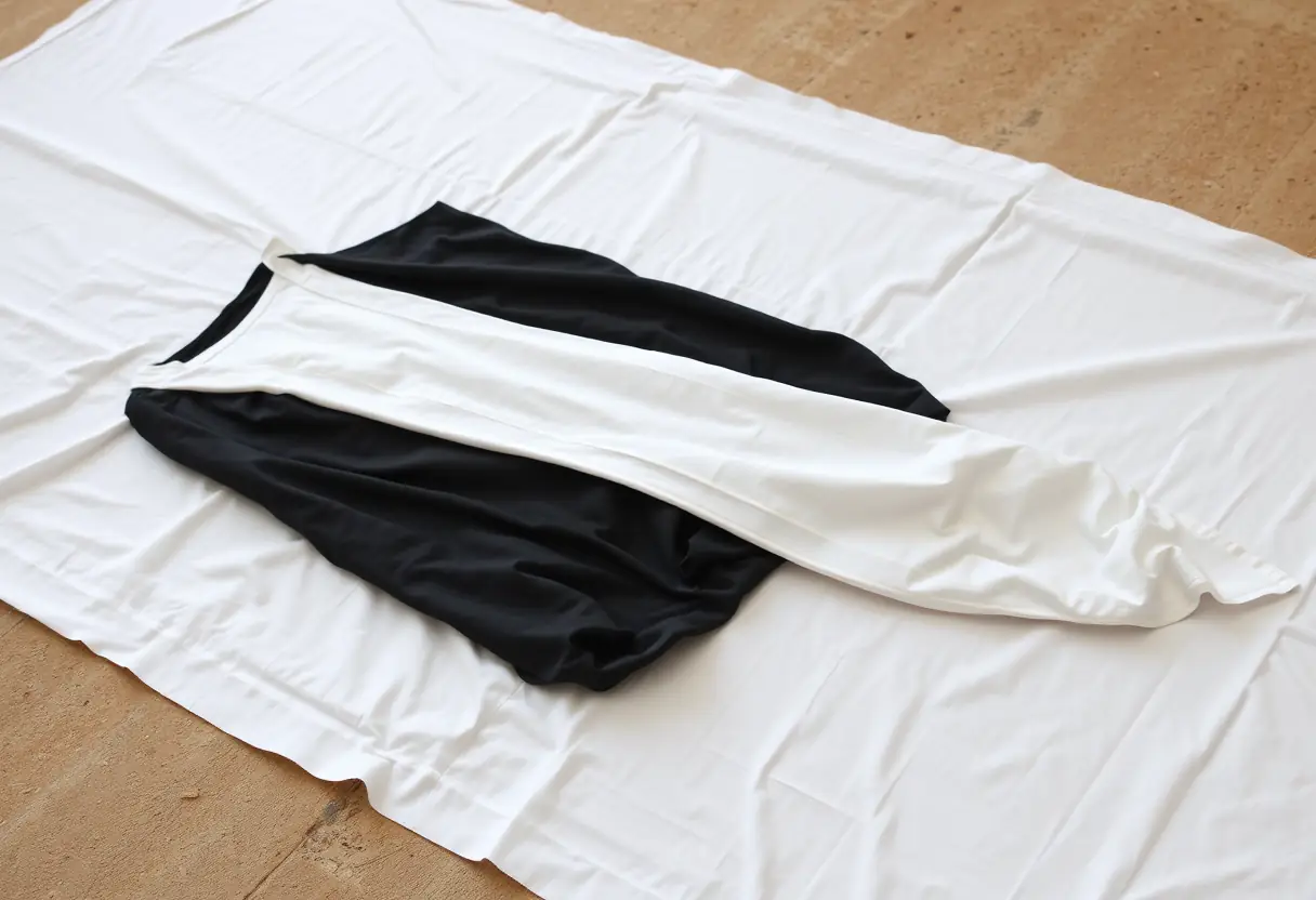 Un tissu blanc étendu sur le sol, couvrant une abaya noire pliée, symbolisant la préparation pour le pèlerinage