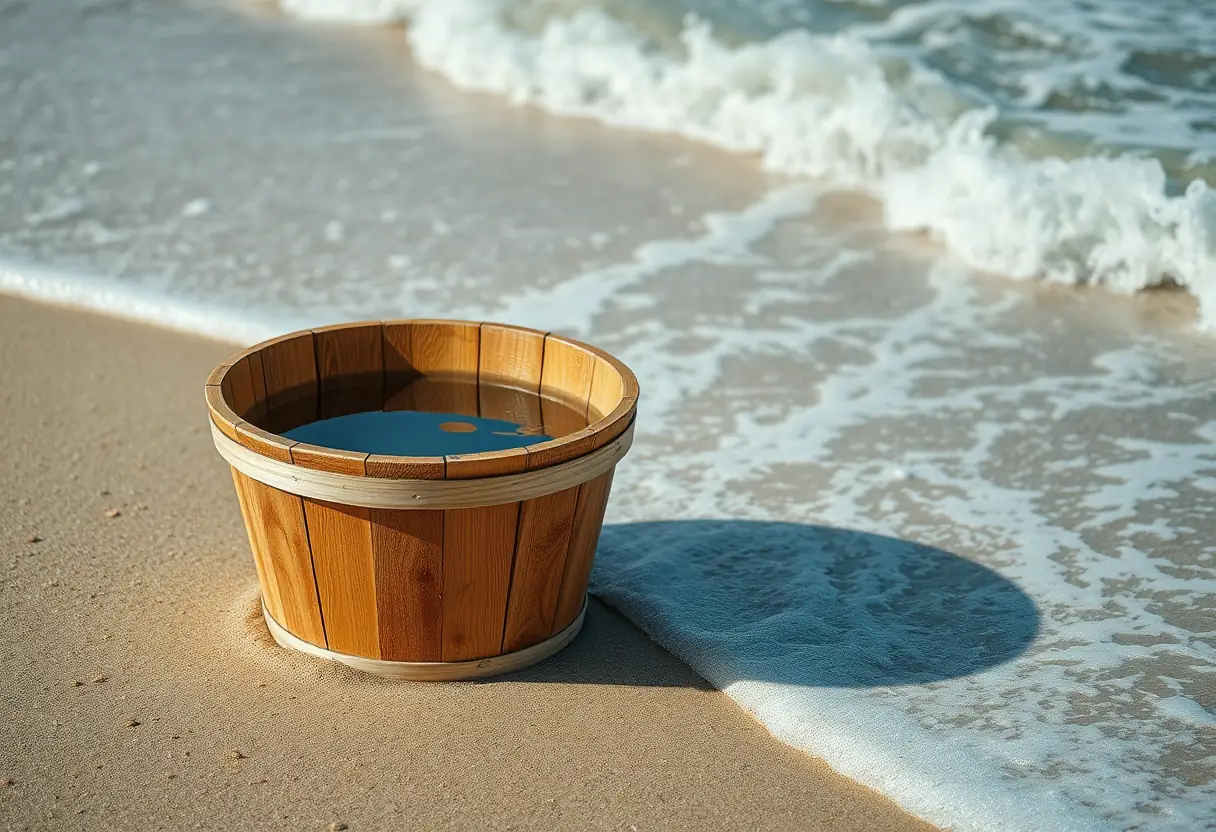 Un seau en bois plein d'eau de mer posé sur le sable, vagues à proximité