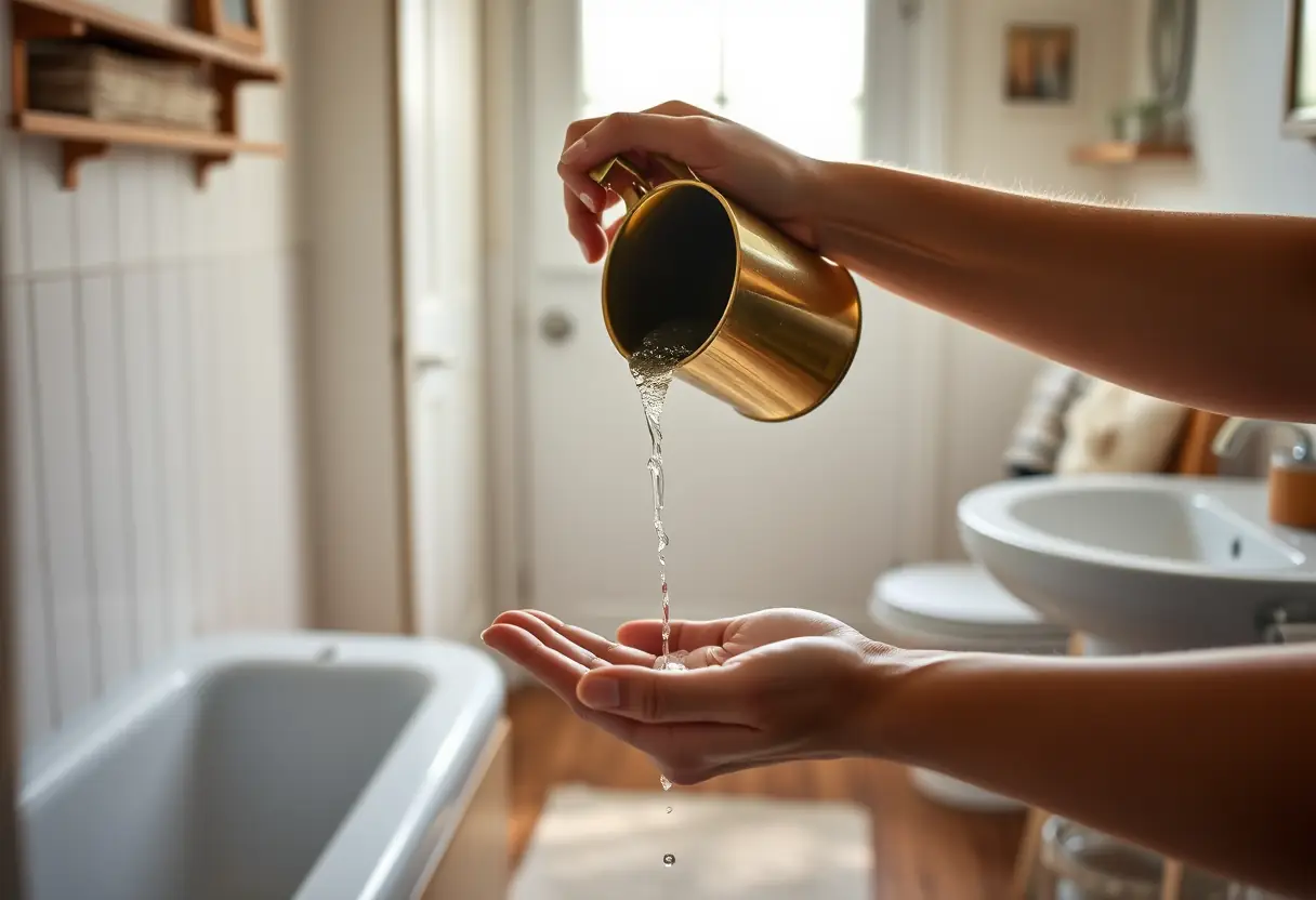 Les mains effectuant les ablutions dans une salle de bains familiale