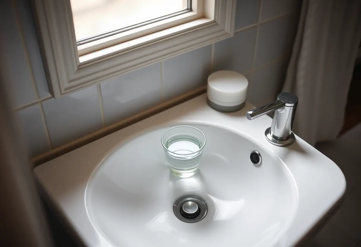 Un lavabo en porcelaine blanche dans une salle de bains accueille une petite tasse d'eau, reflétant la préparation sereine pour la prière.