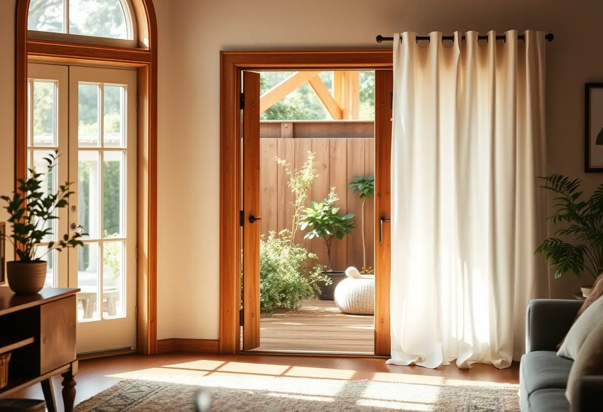 Une porte avec rideau blanc, délimitant une vue sur un jardin, représentant l'harmonie entre le foyer et le monde extérieur dans une famille musulmane.