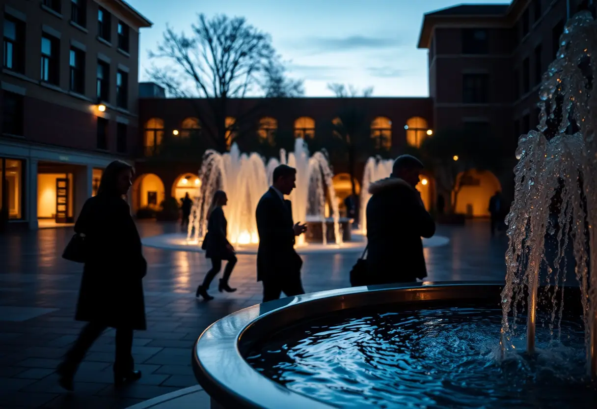 Courtyard extérieur pendant le Ramadan, silhouettes de personnes marchant tranquillement