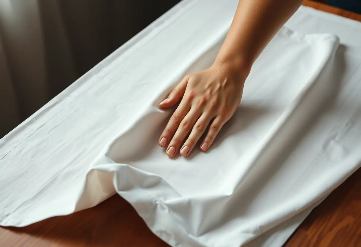 Main de femme lisant un tissu, symbole du pardon et de la renaissance