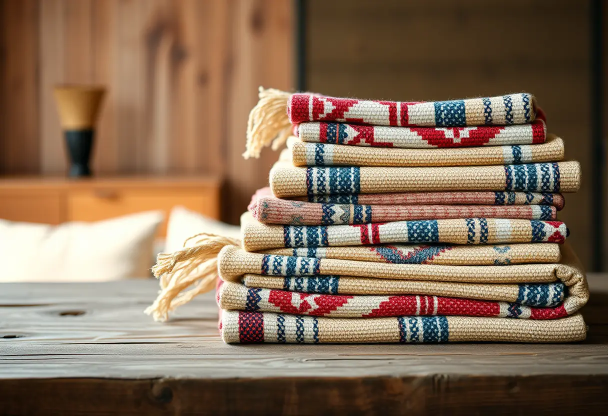 Une pile de tapis tissés manuellement pliés soigneusement sur une table en bois