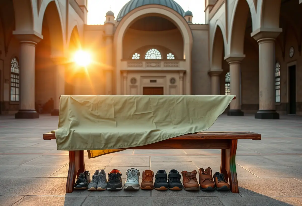 Courtyard of a mosque with benches and shoes