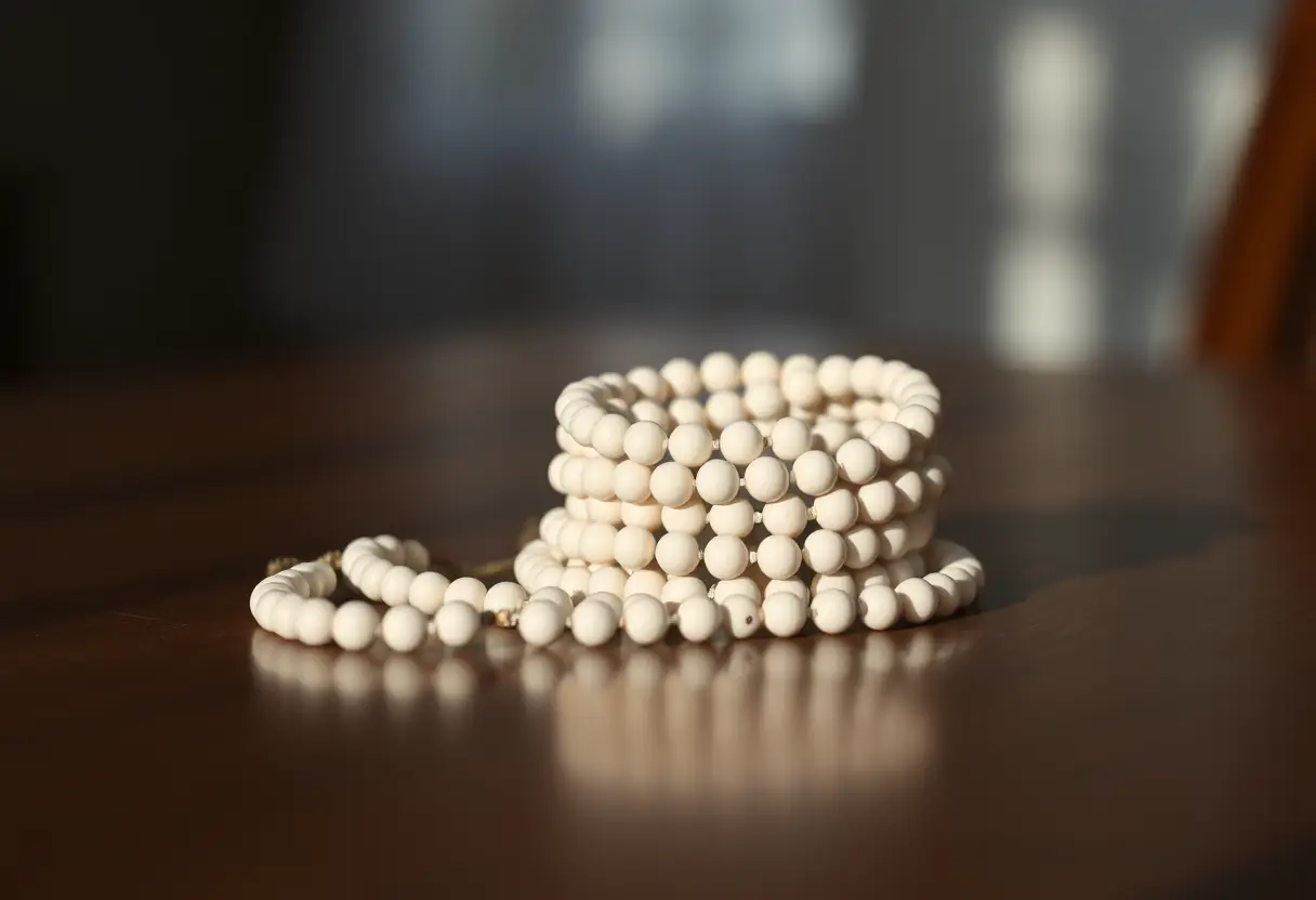 Perles de prière blanches posées sur une table
