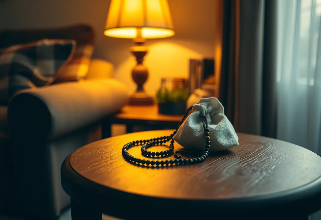Un coin de salon douillet éclairé par une lumière tamisée, montrant une table en bois avec des chapelets de prière et un petit sac en toile