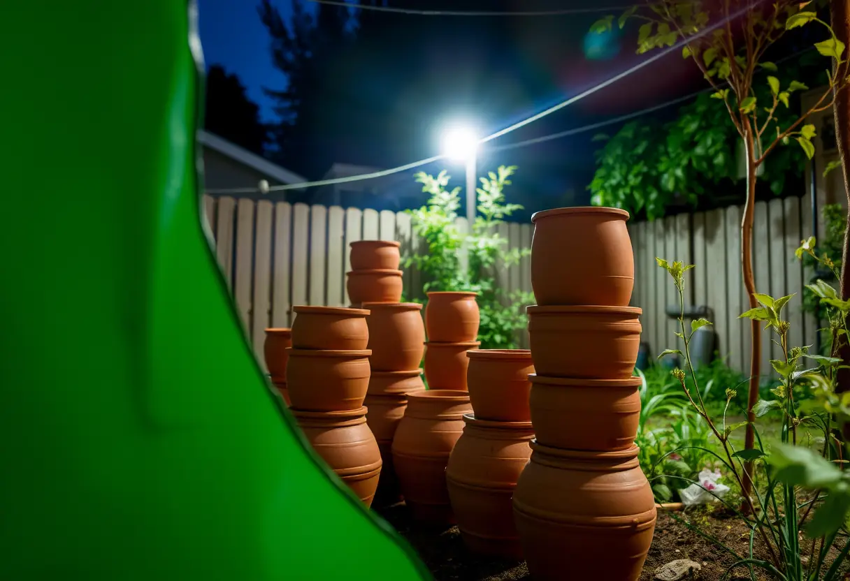 Des pots en argile empilés dans un jardin arrière, partiellement couverts par une bâche verte