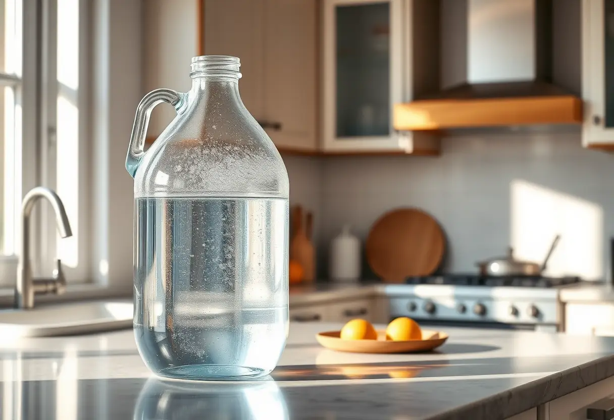 Un grand carafon d'eau sur un plan de travail de cuisine