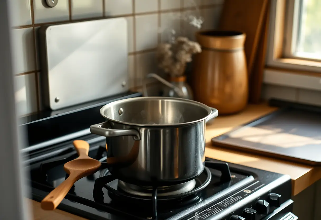 Une cuillère en bois près d'une casserole sur une cuisinière, dans une cuisine familiale.