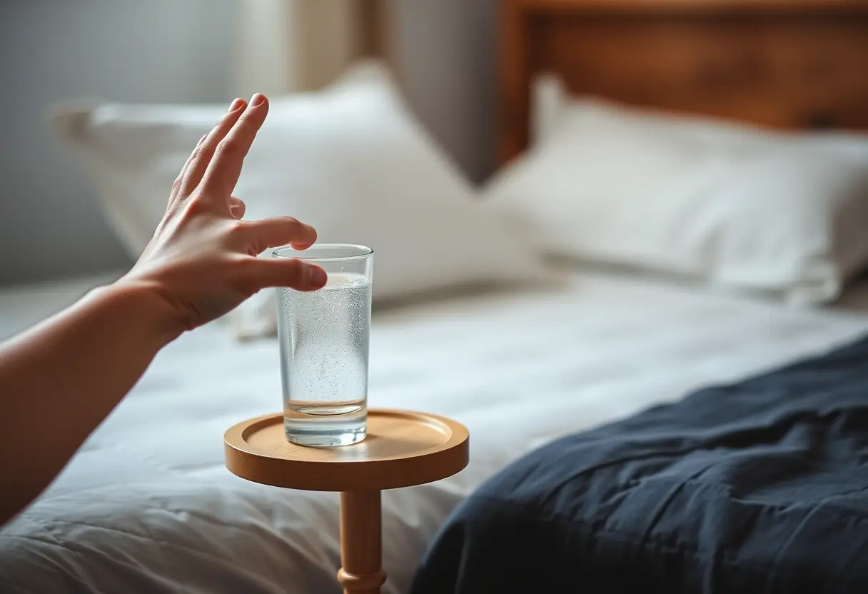 Une main qui saisit une tasse d'eau près du lit pendant le jeûne du ramadan