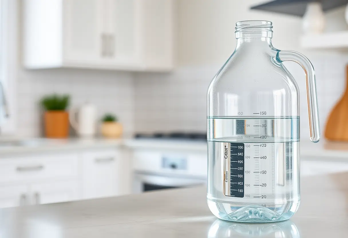 Une grande carafe d'eau posée sur un comptoir de cuisine, soulignant l'importance de l'hydratation pendant le jeûne.