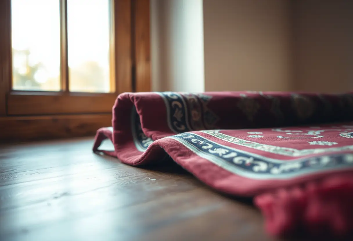 Tapis de prière roulé près d’une fenêtre inondée de lumière du matin