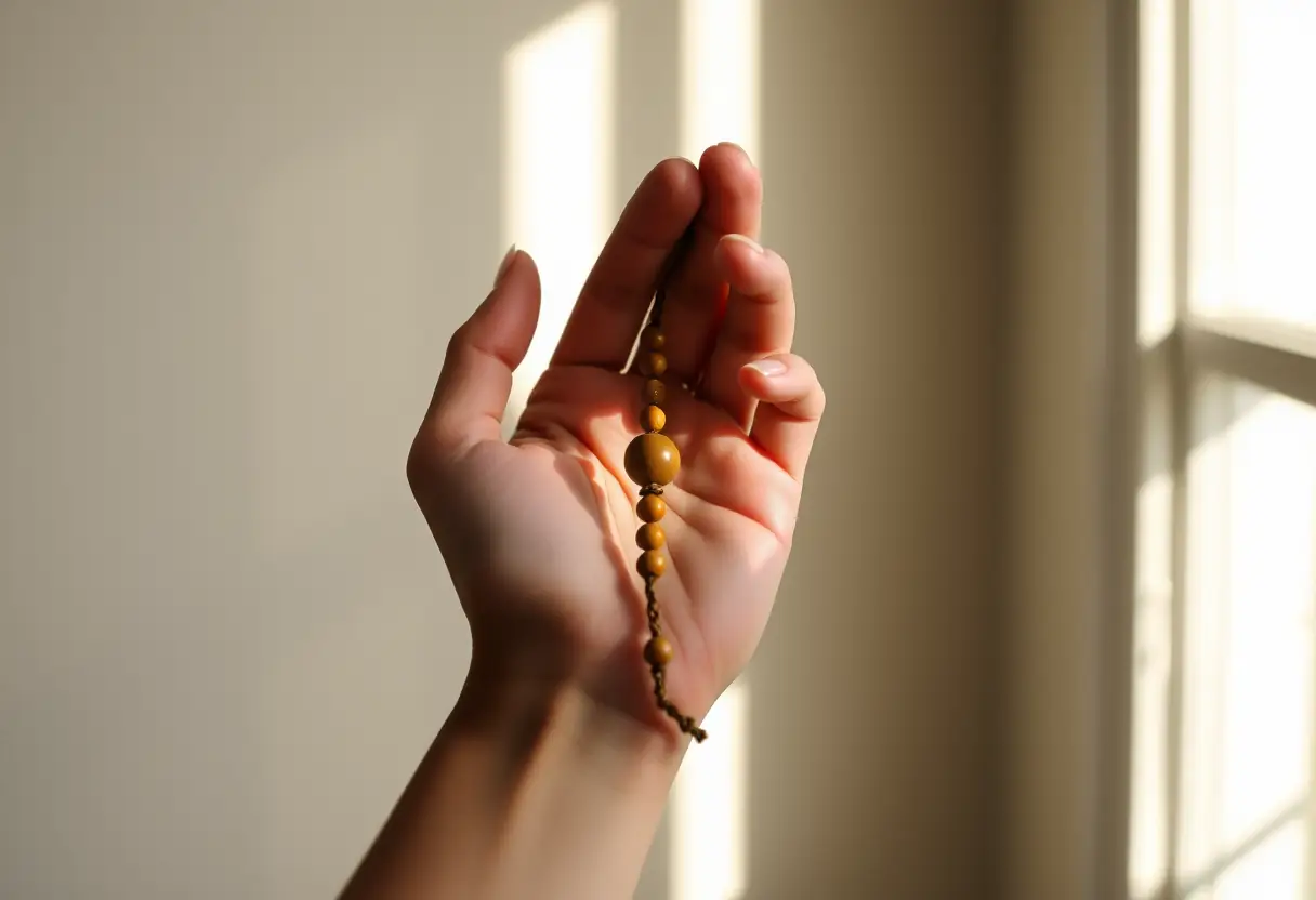 Une main tenant des perles en bois pour prier