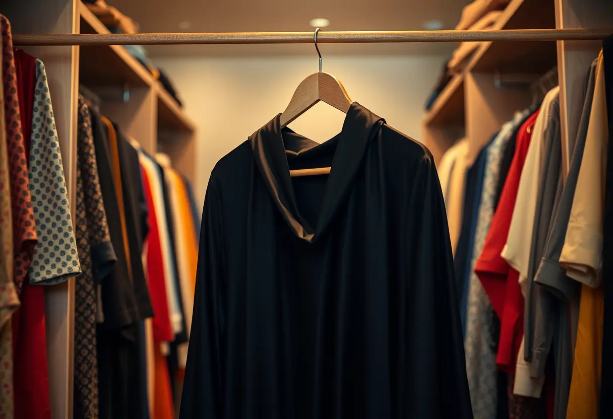 Un cintre en bois porte une robe noire en soie lisse dans un dressing rempli de vêtements colorés, éclairé par une lumière tamisée