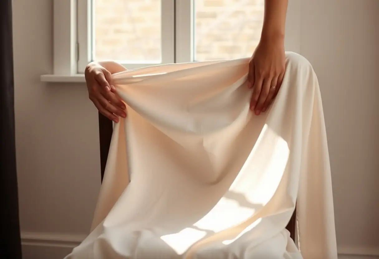 Des mains lisser une abaya en coton sur une chaise, soulignant la simplicité et l'élégance de la tenue