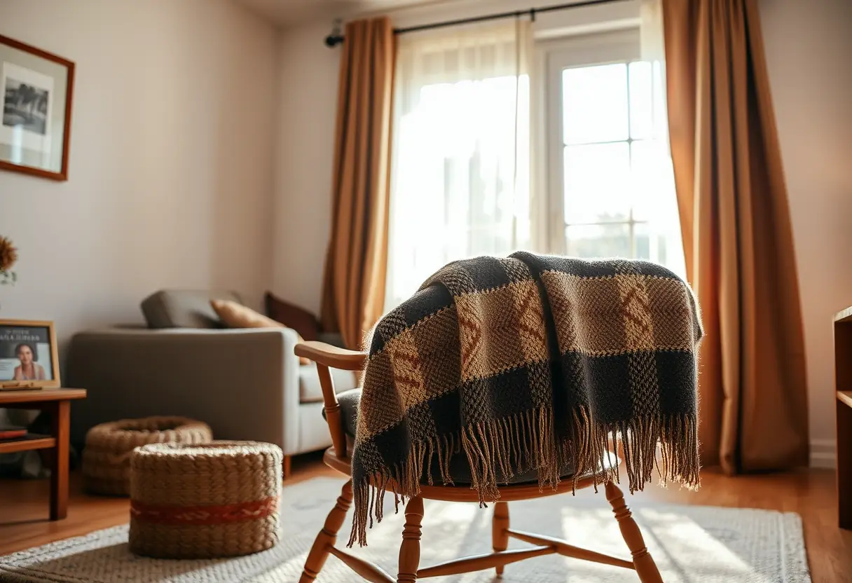 Un plaid en laine accroché sur un fauteuil dans un salon accueillant, éclairé par la lumière du jour