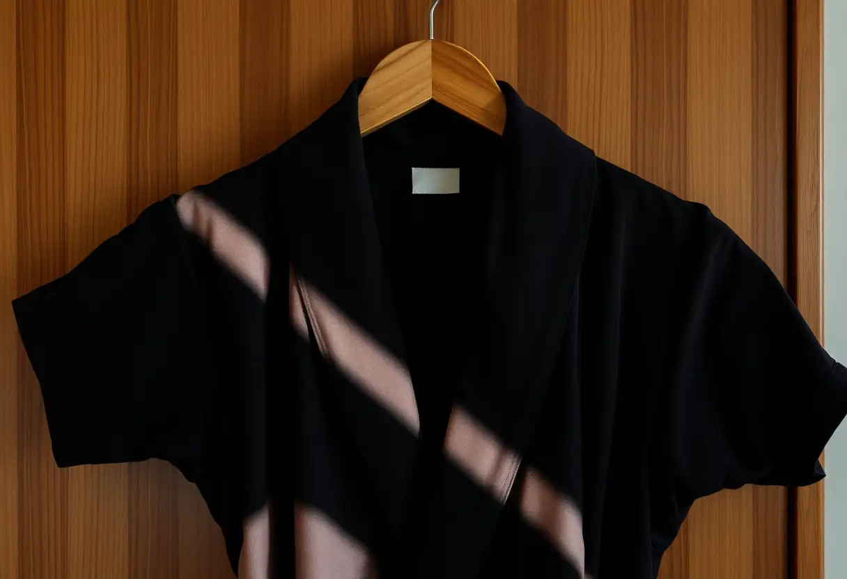 Des mains tiennent un cintre en bois sur lequel repose une robe discrète pendant le Ramadan
