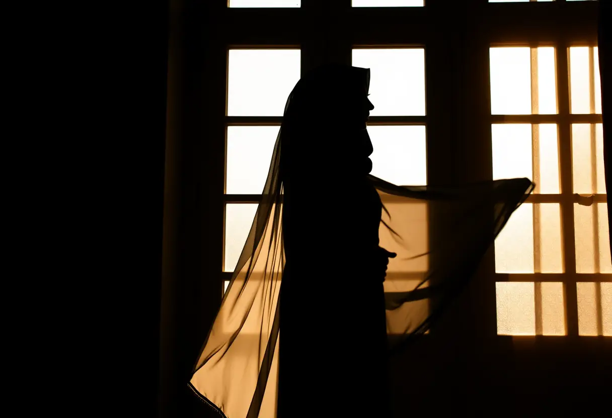 La silhouette d'une femme devant une fenêtre, son abaya légèrement agité par la brise