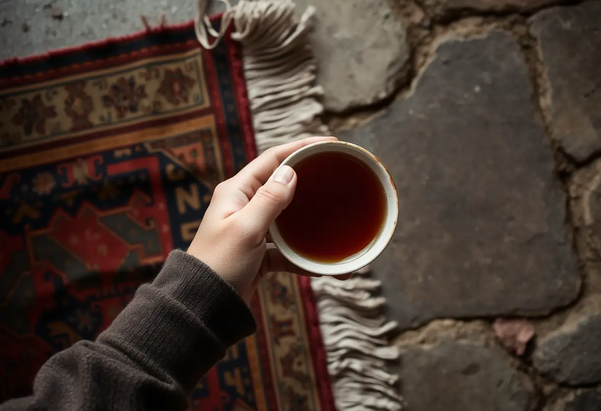 Une main tenant une tasse de thé posée sur un tapis usé, un moment de réflexion