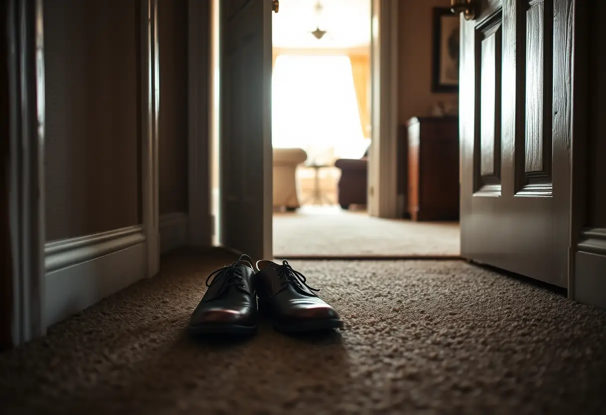 Chaussures posées devant une porte donnant sur un salon familial