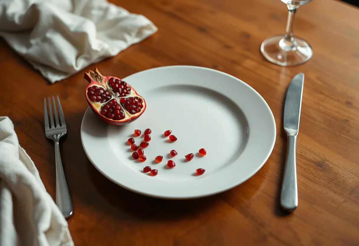 Assiette blanche contenant la moitié d'un grenade, symbole de l'abondance et du pardon