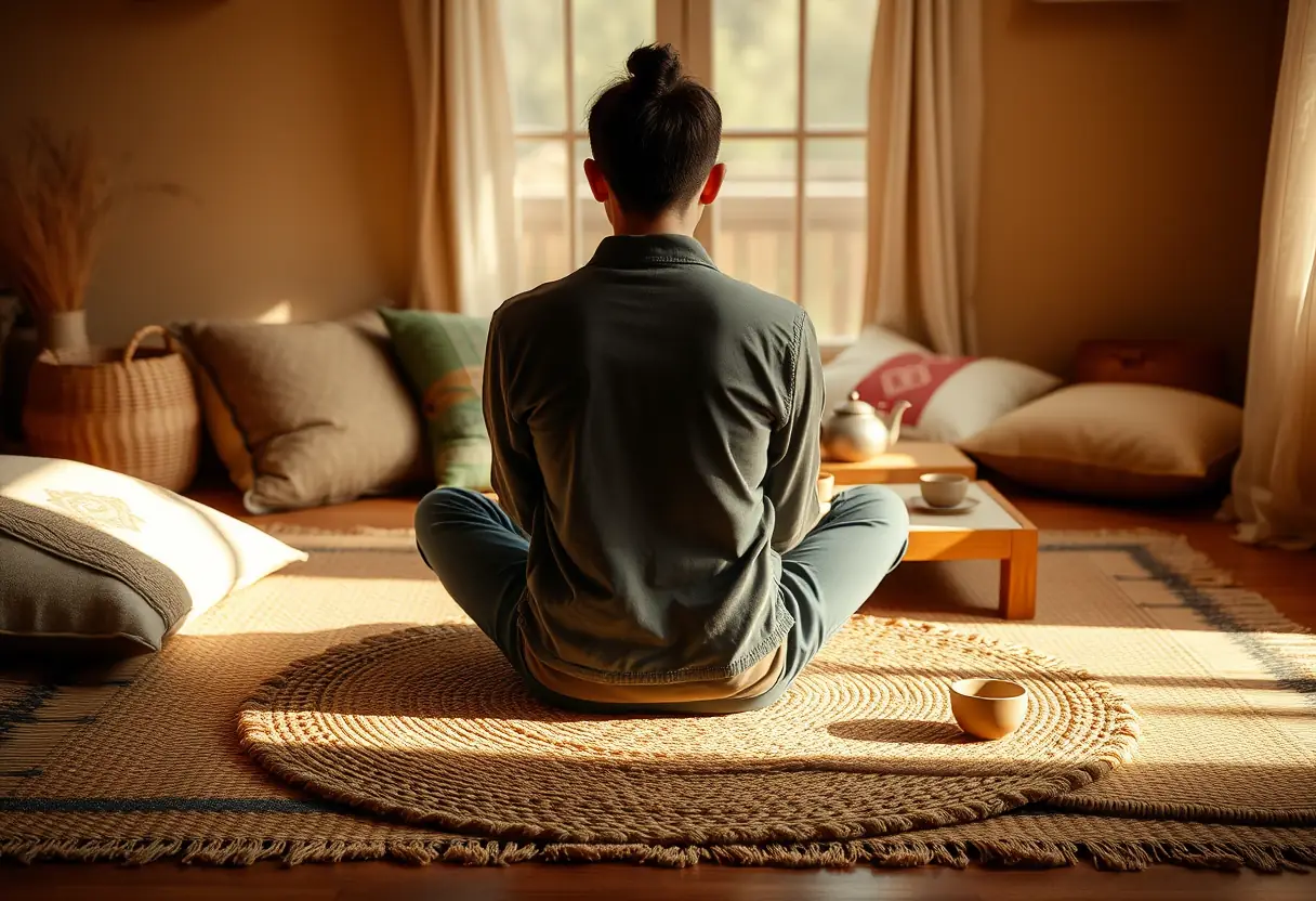 Personne assise en tailleur sur un tapis, entourée de coussins, dans une atmosphère chaleureuse propice aux discussions