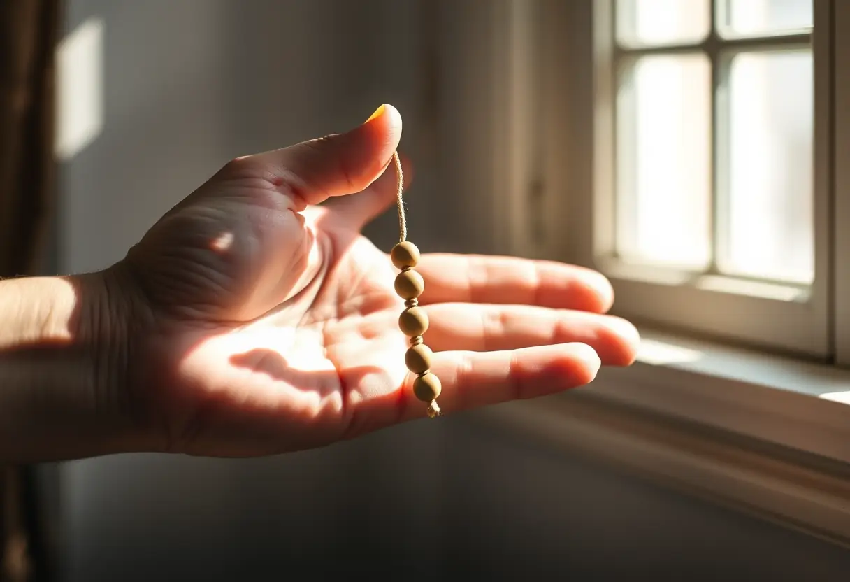 Une main déposant délicatement un grain en bois sur un fil, symbolisant le pardon en islam