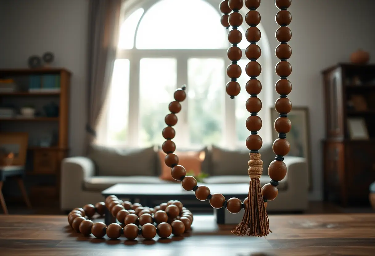 Des chapelets en bois sculpté dans une pièce familiale