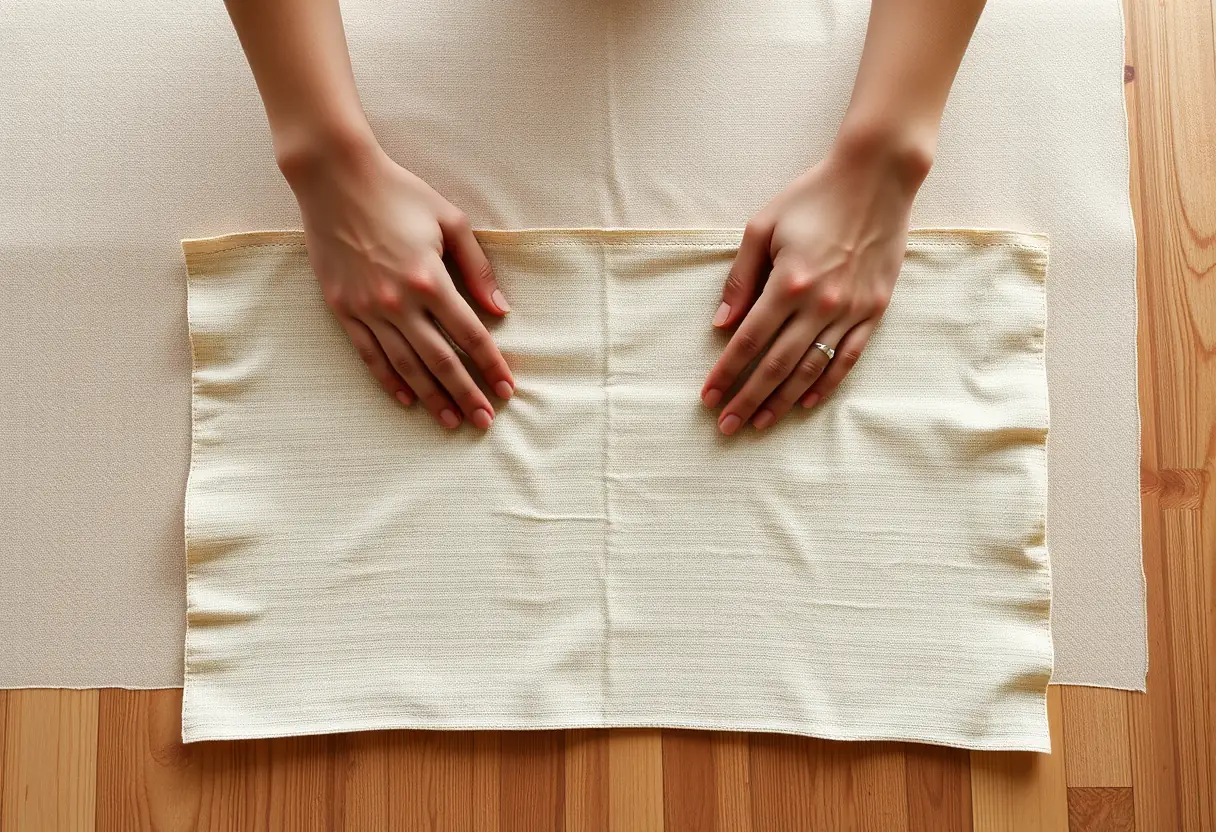 Des mains étalant une pièce de tissu sur une table dans une atmosphère apaisante