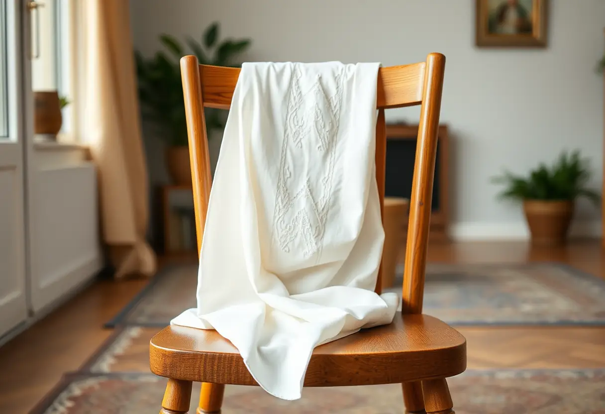 Chaise avec un hijab blanc plié dessus, représentant la préparation spirituelle