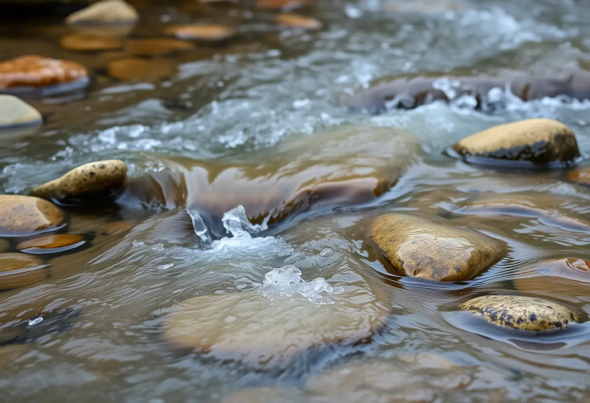 Eau qui coule doucement sur des pierres de rivière lisses, représentant la purification et le renouvellement