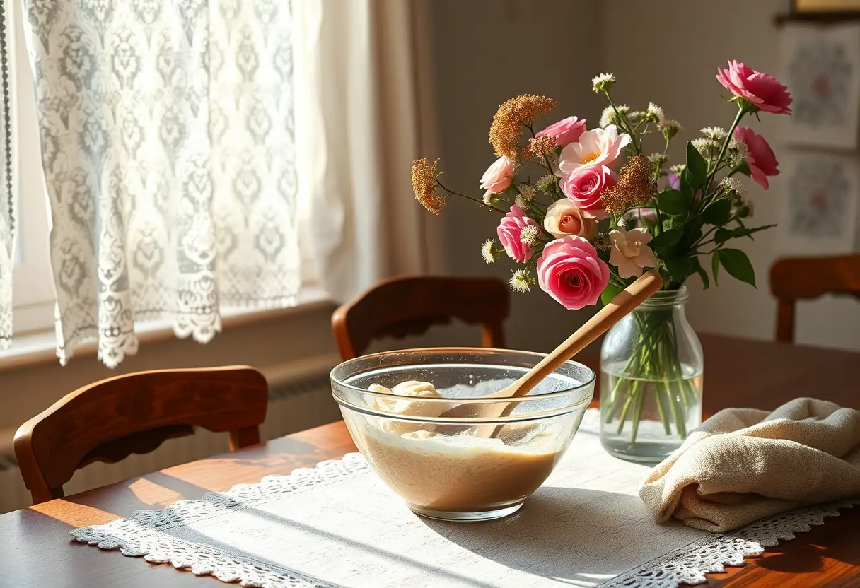 Une cuillère en bois mélange délicatement une préparation dans un bol sur une table de salle à manger, avec un vase de fleurs près d'elle