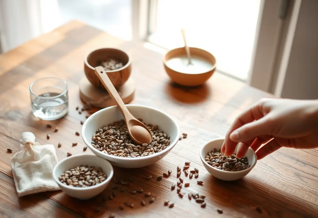 Semences de nigelle mélangées sur une table