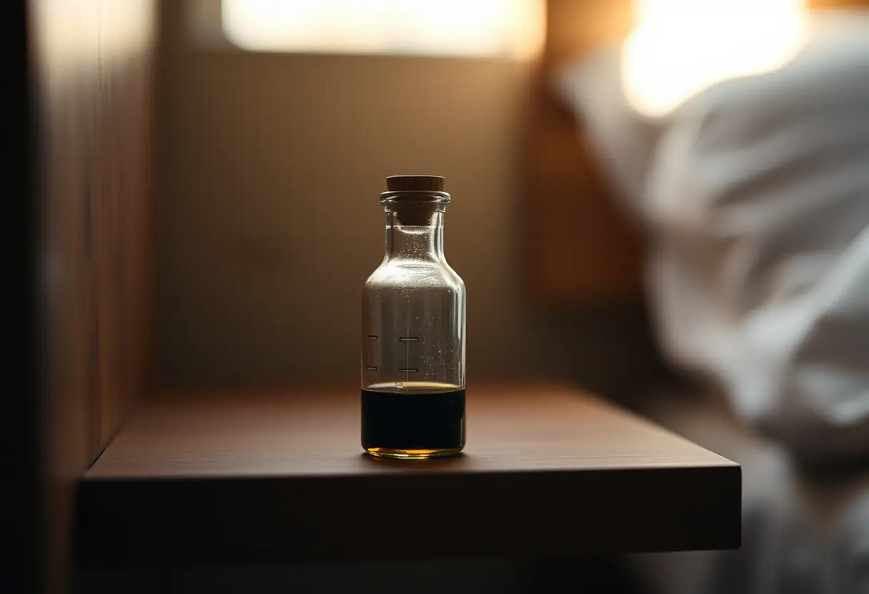 Un flacon de verre contenant de l'huile sombre sur une étagère en bois, éclairé par une douce lumière naturelle.